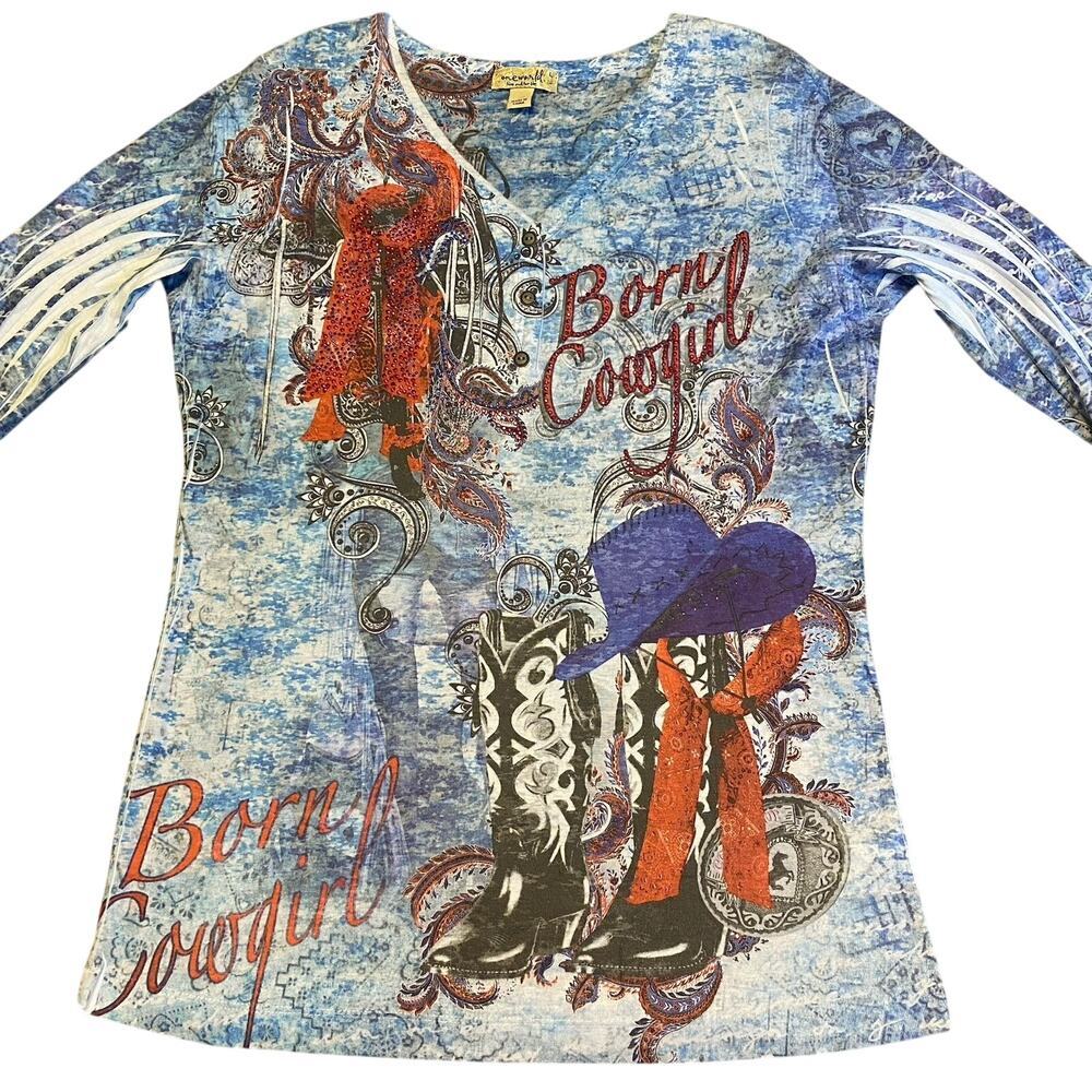 One World Women L Tunic 3/4 Sleeve Blings Barn Cowgirl Boho Grunge Goth Western